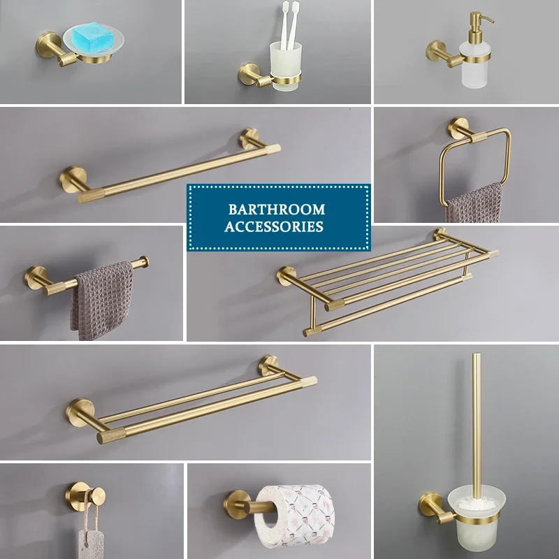 

Brushed Gold Brass Knurling Wall Mounted Hand Towel Bar Toilet Paper Holder Robe Towel Hooks Bathroom Accessories Kit