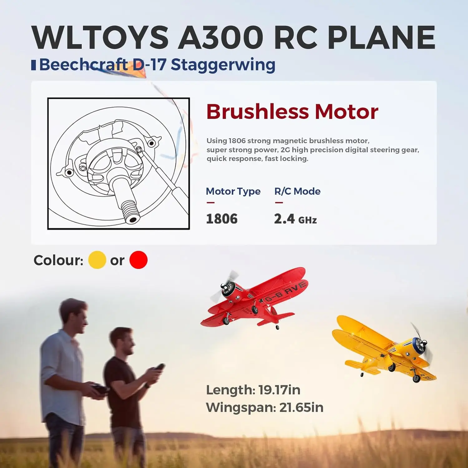 A300 4-Ch Beechcraft D17 RC Plane Brushless with Lights 6G/3D Functions 2.4G Remote Control Airplanes Set Includes 2 Batteries