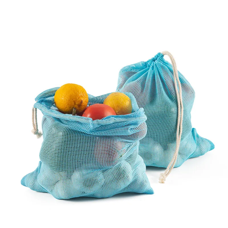 

Blue Color Cotton Mesh Fruit Vegetable Storage Bag Reusable Kitchen Grocery Eco Drawstring Pocket