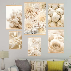Beige White Peony Rose Flower Reed Solid Wood Hanging Scrolls Paiting Posters And Print Wall Pictures For Living Room Home Decor