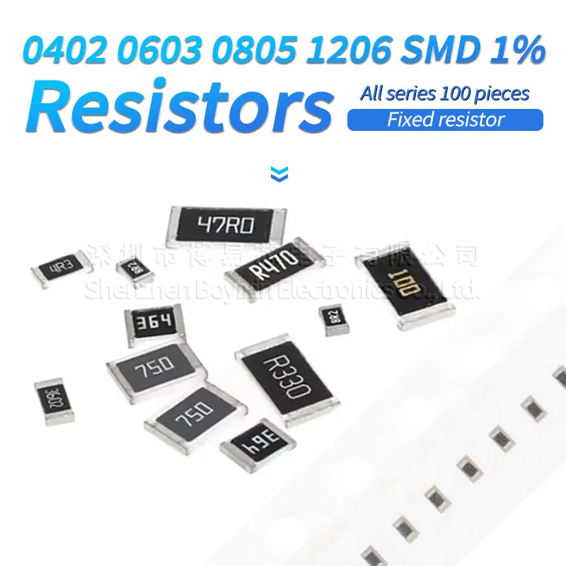 100PCS 1% chip resistor 0402 0603 0805 1206 1R 3R 4.3R 5.2R 6.8R 7.5R 1K 2K 3K 4.3K 5.1K 5.6K 10K 20K 30K 43K 100K 200K 470K