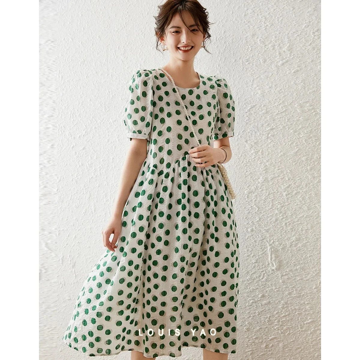 

LOUIS YAO French Polka Dot Women's Dress 2026 Summer Vintage Puff Sleeve Lace Up Round Neck Short Sleeve Casual Dress
