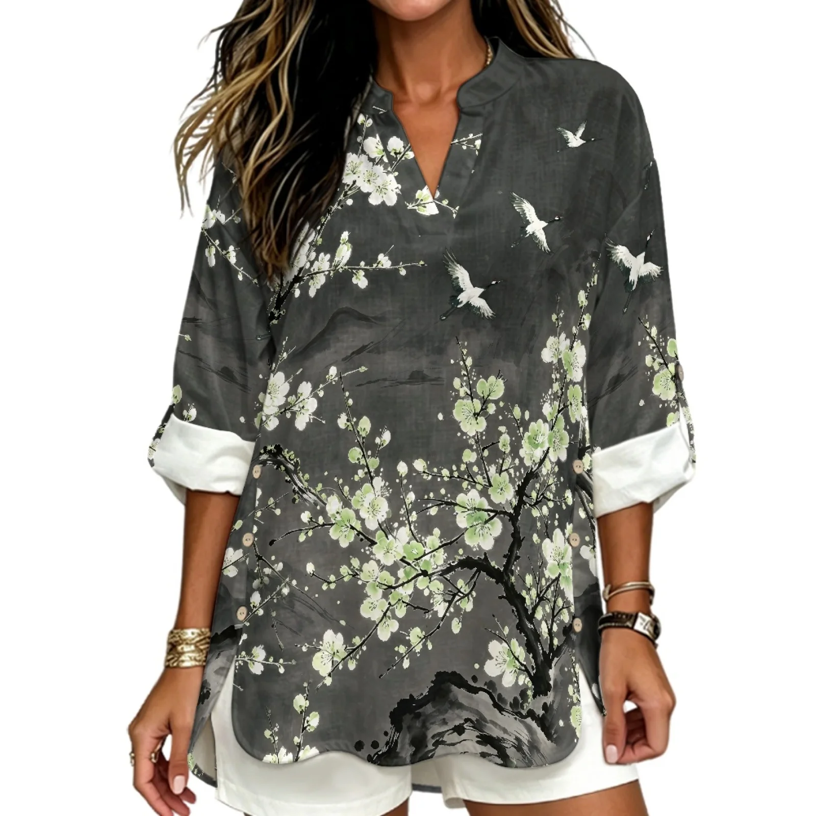 PENSTROLL Linen Like Women Blouses with Crane Flower Print Rolled Cuffed Long Sleeve Tops for Fall Party Outings, Sizes S-5XL
