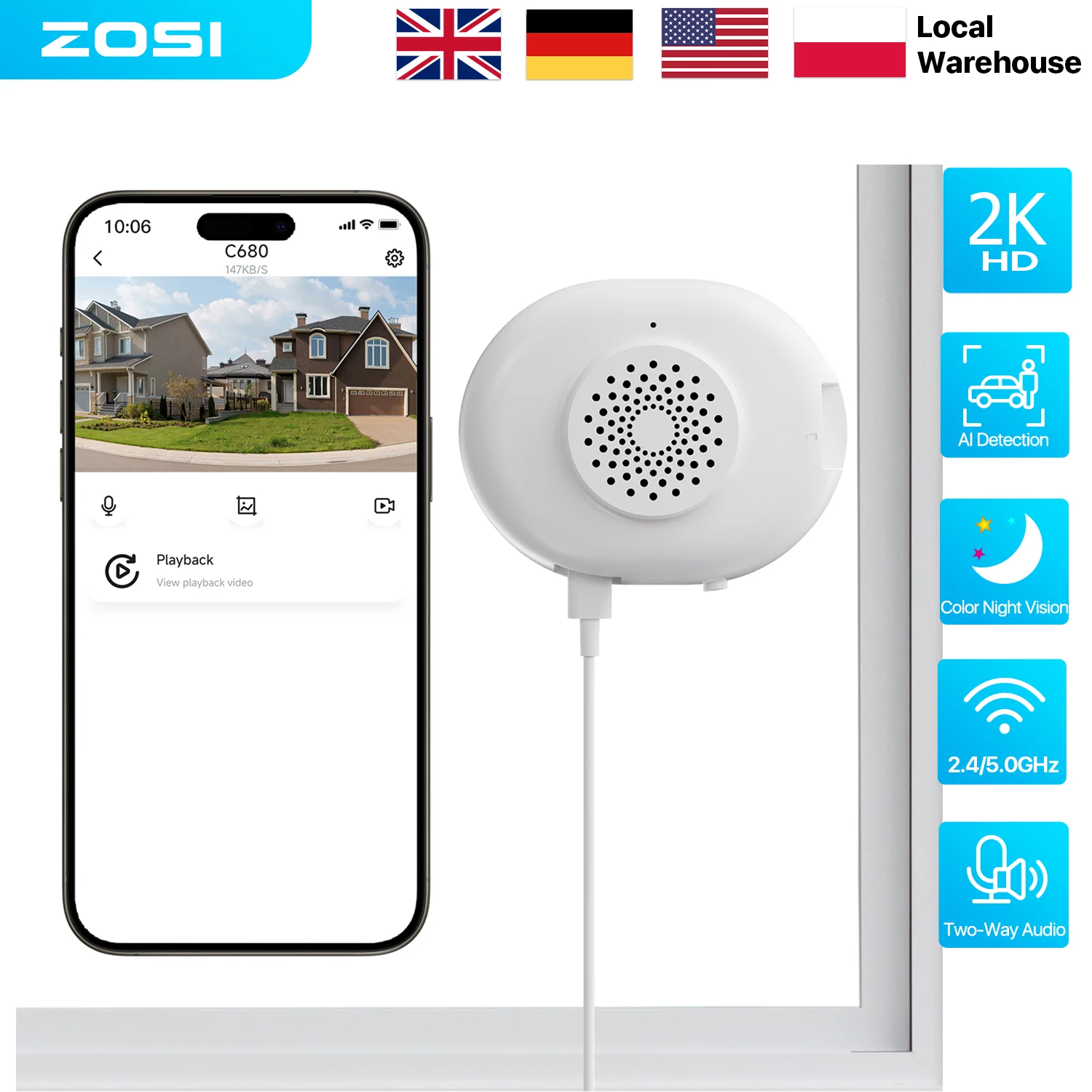 ZOSI C680 3MP 2K Fenster-Sicherheitskamera Vollfarbige Nachtsicht 2-Wege-Kommunikation Innen-Steckkamera 2,4/5GHz WLAN-Kamera für Haussicherheit Einfache Installation