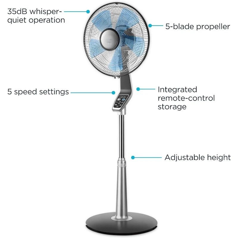 Pedestal Fan, 53 Inches, Portable, 5 Speeds, Refresh Up to 23-Feet, Silver, Indoor, VU5670