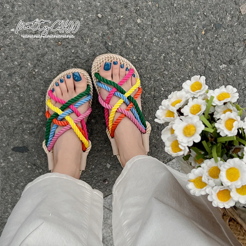 Sandalias de cuerda de Color arcoíris para mujer, zapatos de paja bohemios hechos a mano, Retro, tejidas, azul marino