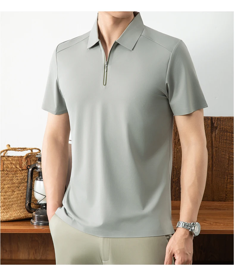 Luxuriöses Herren-Poloshirt mit halbem Reißverschluss kurzärmelig einfarbig hochwertige Eisseide atmungsaktiv Sommer neu lässig modisch T-Shirt – Detail 6