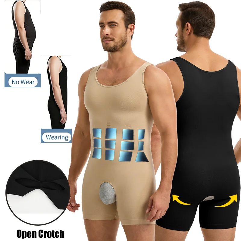 Men Sexy Sleeveless Shapewear Full Body Shaper Slimming Underwear Tummy Control Bodysuit Open Crotch Butt Lifter Breathable Faja