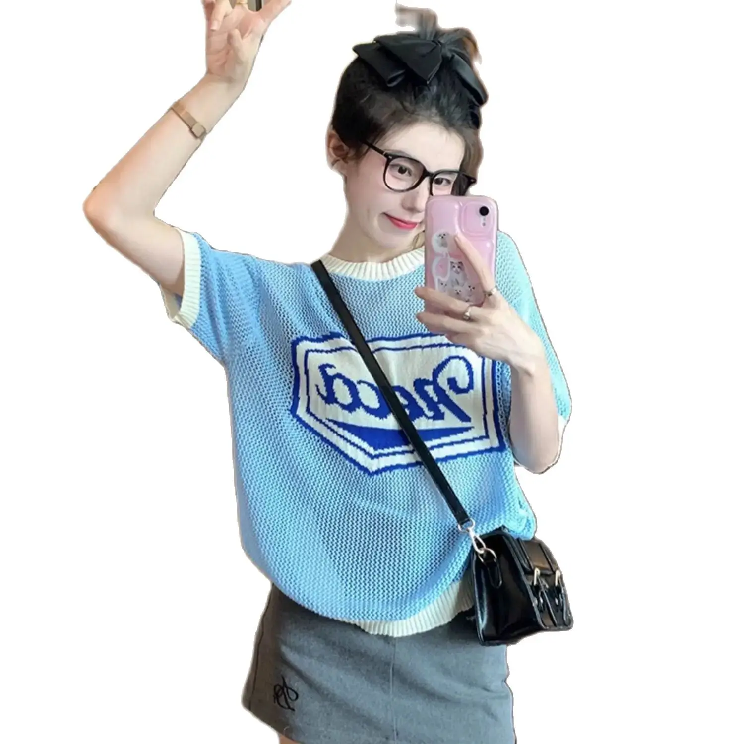 Korea Blue Hollowed Out O-Neck Letter Short Sleeve Women'S Pullover Top Summer T-Shirt Korean Simple Loose Casual