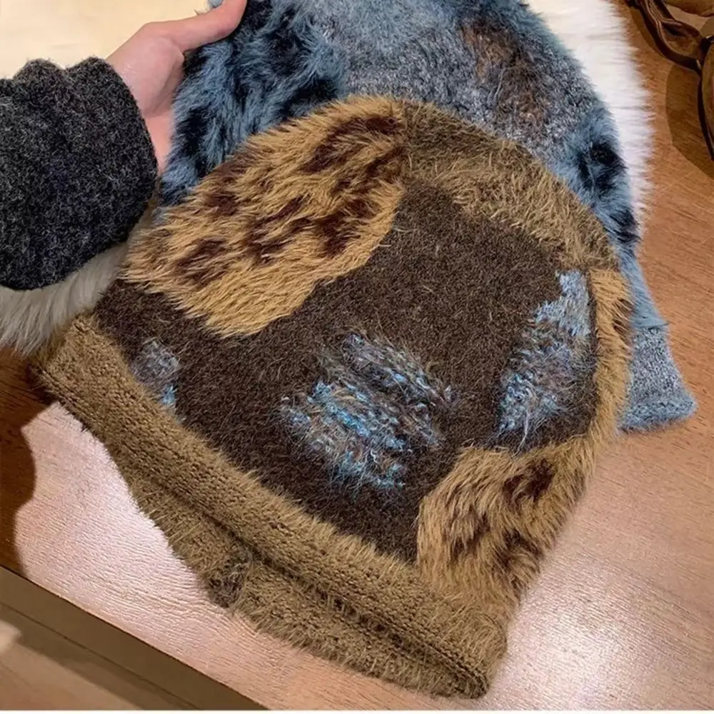 Ear Protection Muted Leopard Print Knit Hat Large Head Circumference Stretchy Vintage Hat 54-60CM Fuzzy Retro Knitted Pile Cap