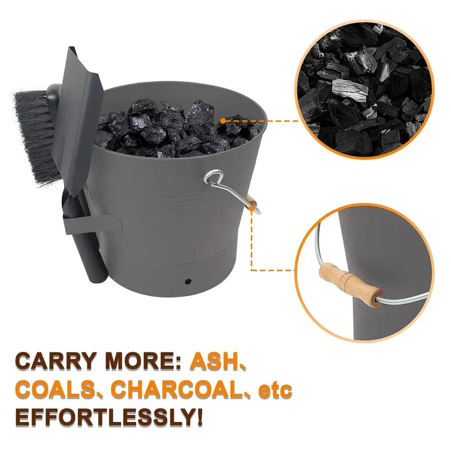 دلو رماد بغطاء، دلو رماد للمدفأة سعة 2.6 جالون مع مجرفة ومكنسة يدوية، دلو معدني للمدفأة، حفرة نار، حرق الخشب