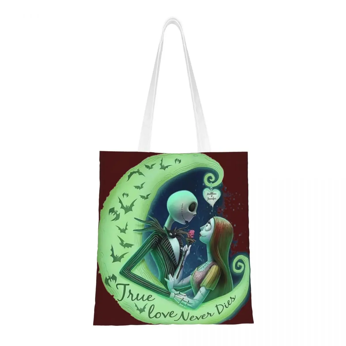 Custom Tim Burton Christmas Horror Movie Tote Shopping Bags Canvas Shoulder Shopper Halloween Skull Jack Sally Handbag