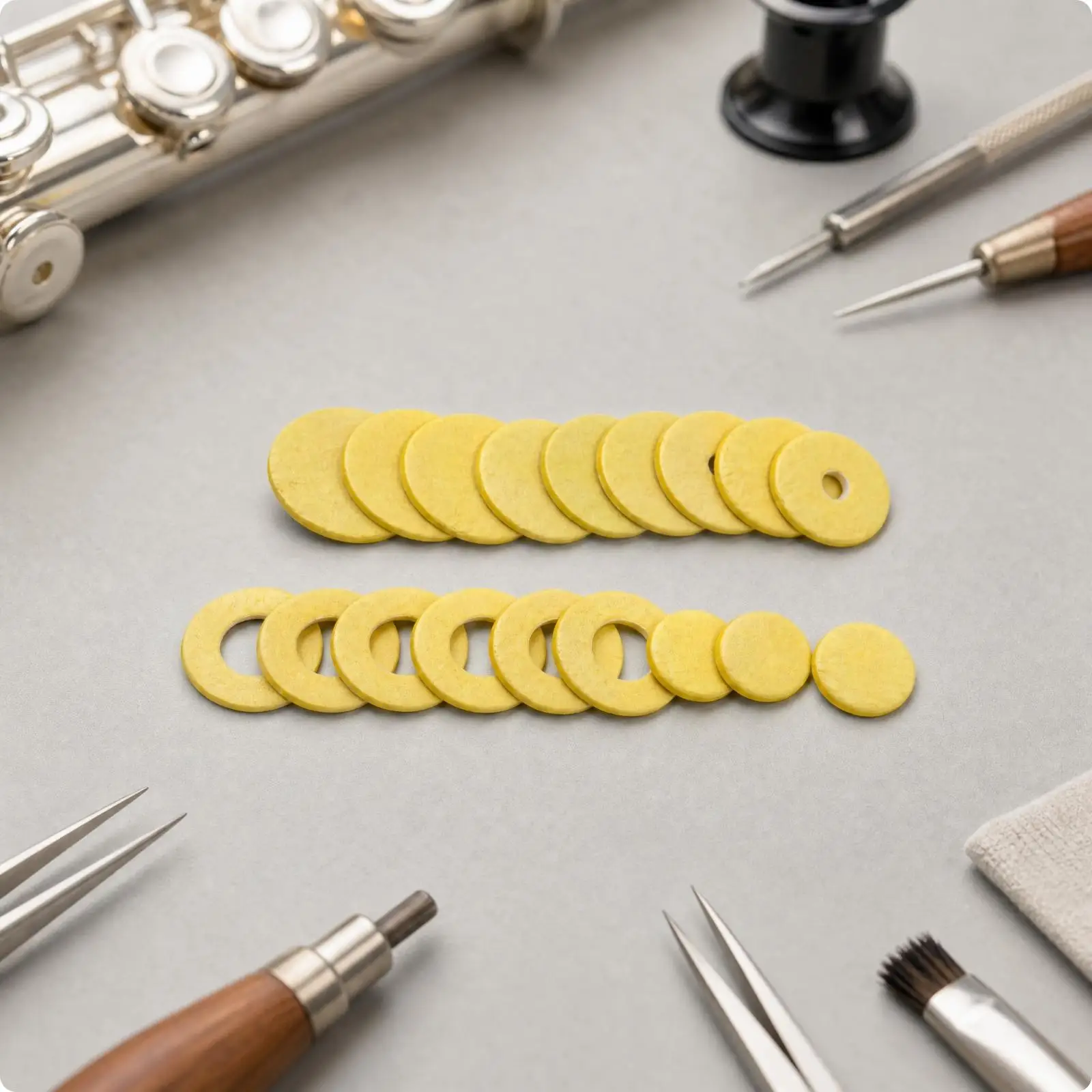 Flute Repair Parts Kit with Four Sizes 12mm to 19.5mm Tone Hole Pads for 16 Key Open Hole Flute Maintenance
