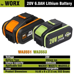 for WORX 20V battery 6.0Ah Lithium Rechargeable WA3553 WA3551 WA3553.1 WA3570 for All WORX Electric and Garden Tools