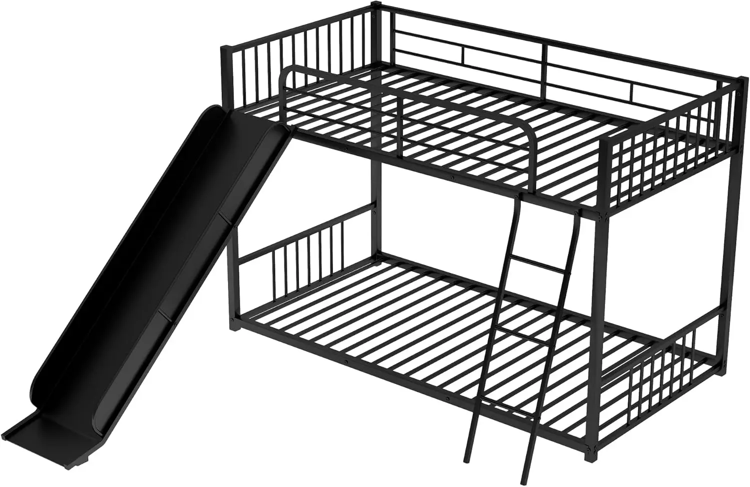 Beliches de metal baixo com corrediça de escada, cama com corrimão em forma de cerca para quarto, Twin Over and Twin Size, bedframe de madeira baixa, meninos e meninas