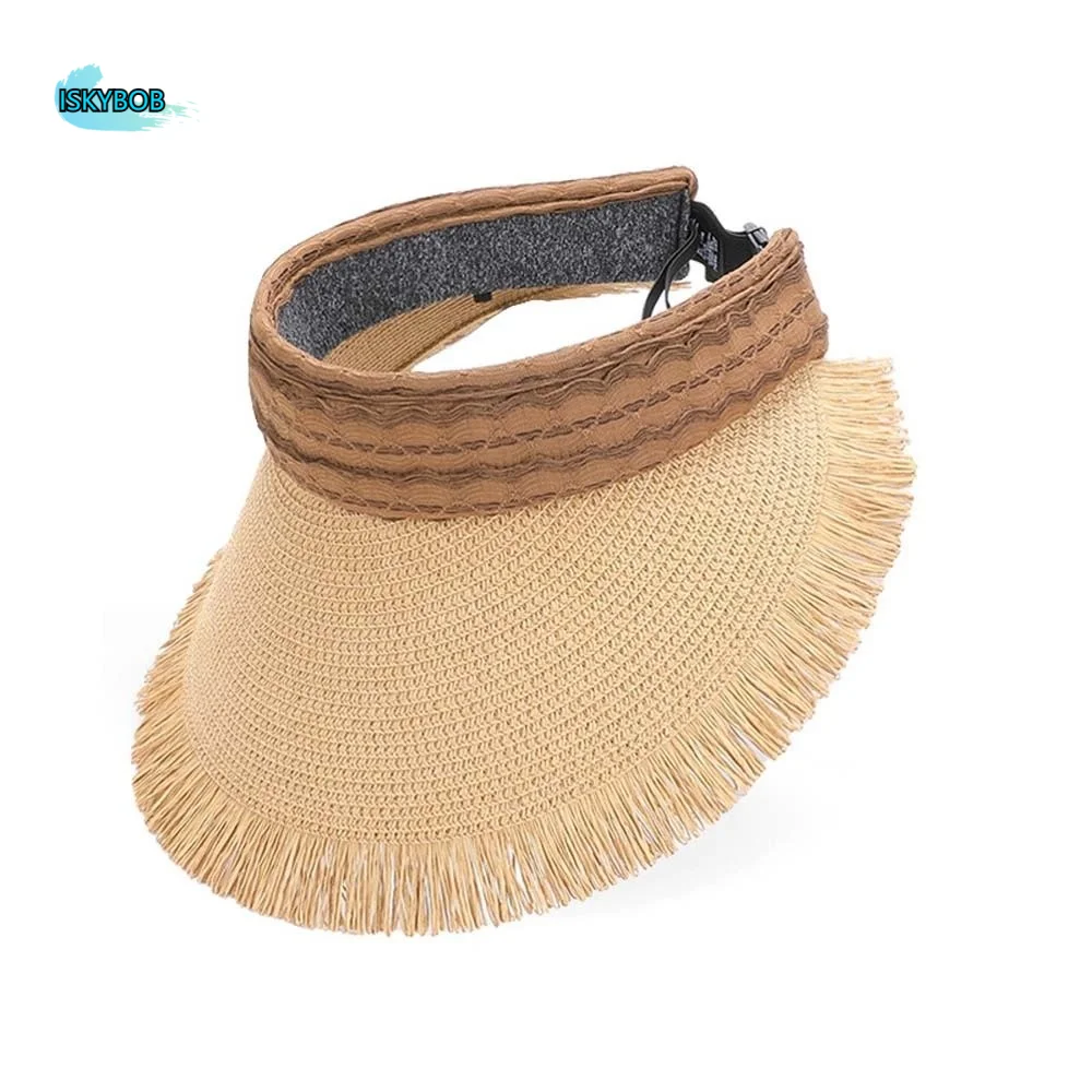 

Portable Straw Visor Cap Breathable Solid Color Sunscreen Empty Top Hat Versatile Polyester Wide Brim Woven Cap Beach