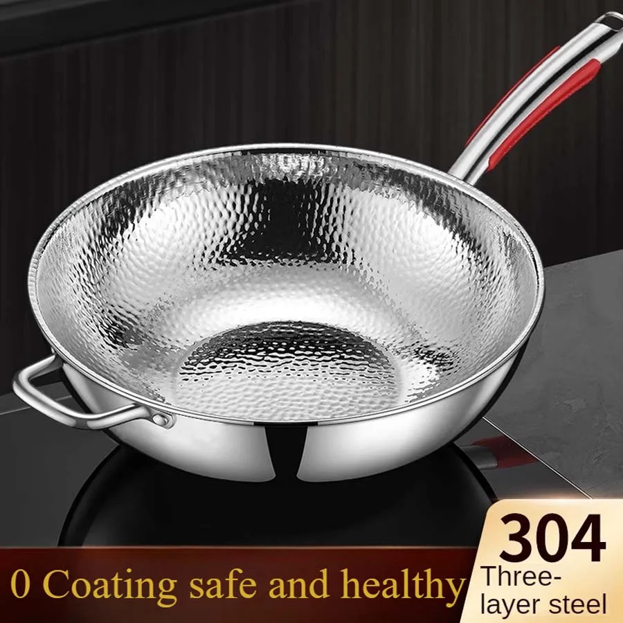 304 three-layer steel stir fry pan, hammer patterned stir fry pan, round bottom pan, induction cooker, gas stove special