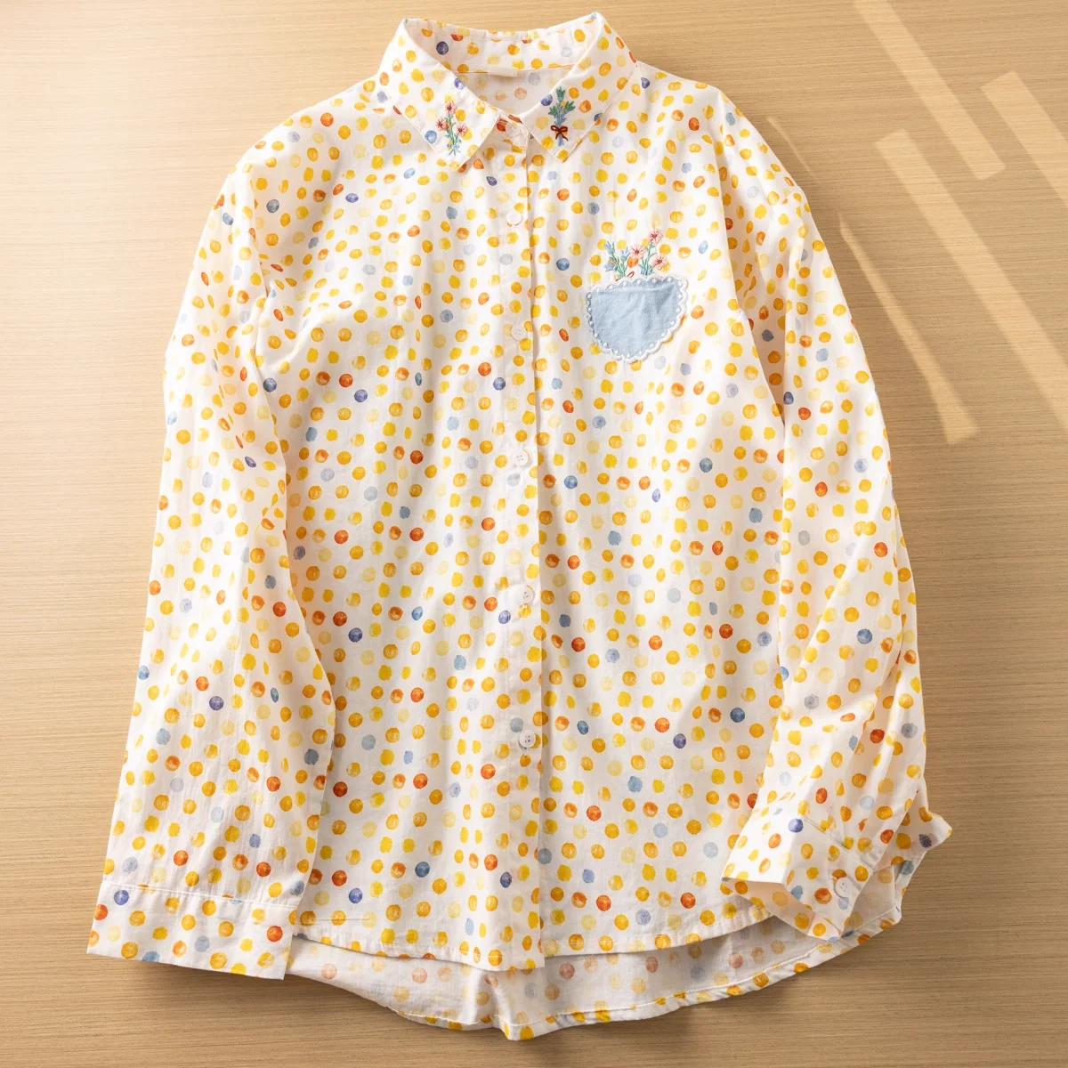 100% Cotton yarn yellow polka dot shirts and blouses for women long sleeve tops autumn spring Japan style pocket patch shirts