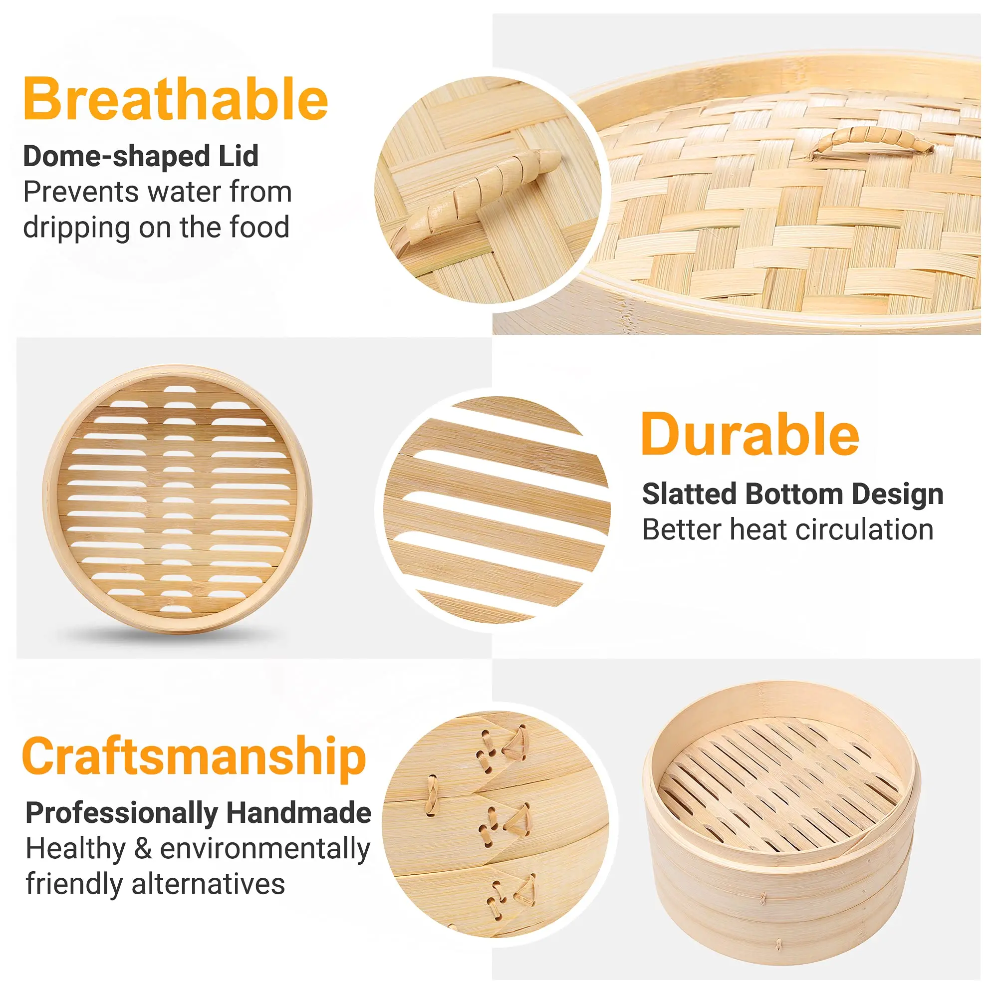 3 Tier Bamboo Steamer Basket with Lid 100% Natural Bamboo Rolls 10 Inch Premium Handmade Basket for Chicken Fish Cooking Dim Sum