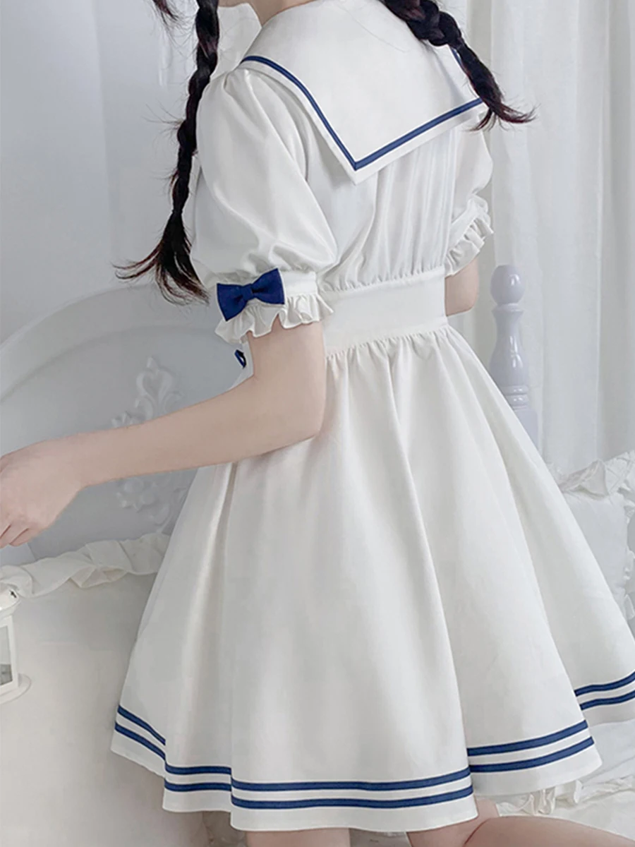 Prinses Lolita Jurk Cos Lolita Navy Kraag Matrozenjurk Grote L-4xl Korte Mouwen Strandresort Jurk