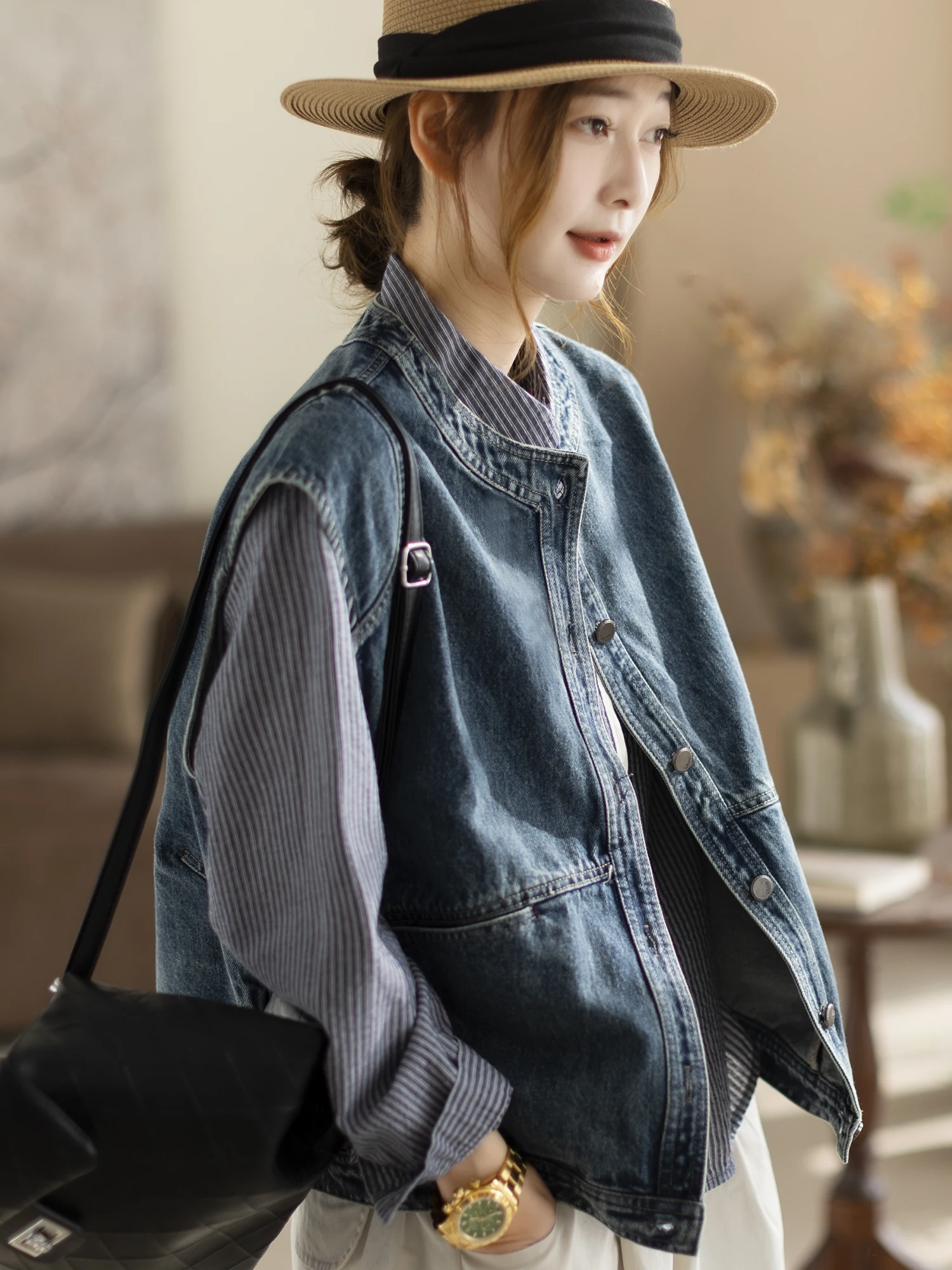 

Свободный женский джинсовый жилет на весну-осень, новый, модный, повседневный, синий, в стиле пэчворк, из смесового хлопка и полиэстера