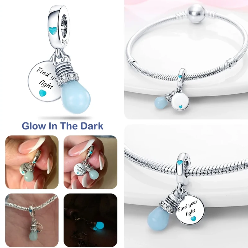 Charms de Plata de Ley 925 para mujer, abalorios luminosos de luciérnaga, camaleón, avión, equipaje, compatible con pulsera Pandora, colgante,