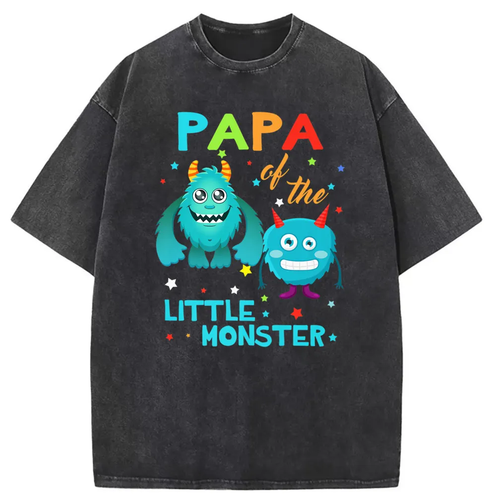 Papa Of The Little Monster Man Vintage Printed T-shirts Father's Day Long Sleeve Tee Shirt Men Washed Sweatshirts Cotton