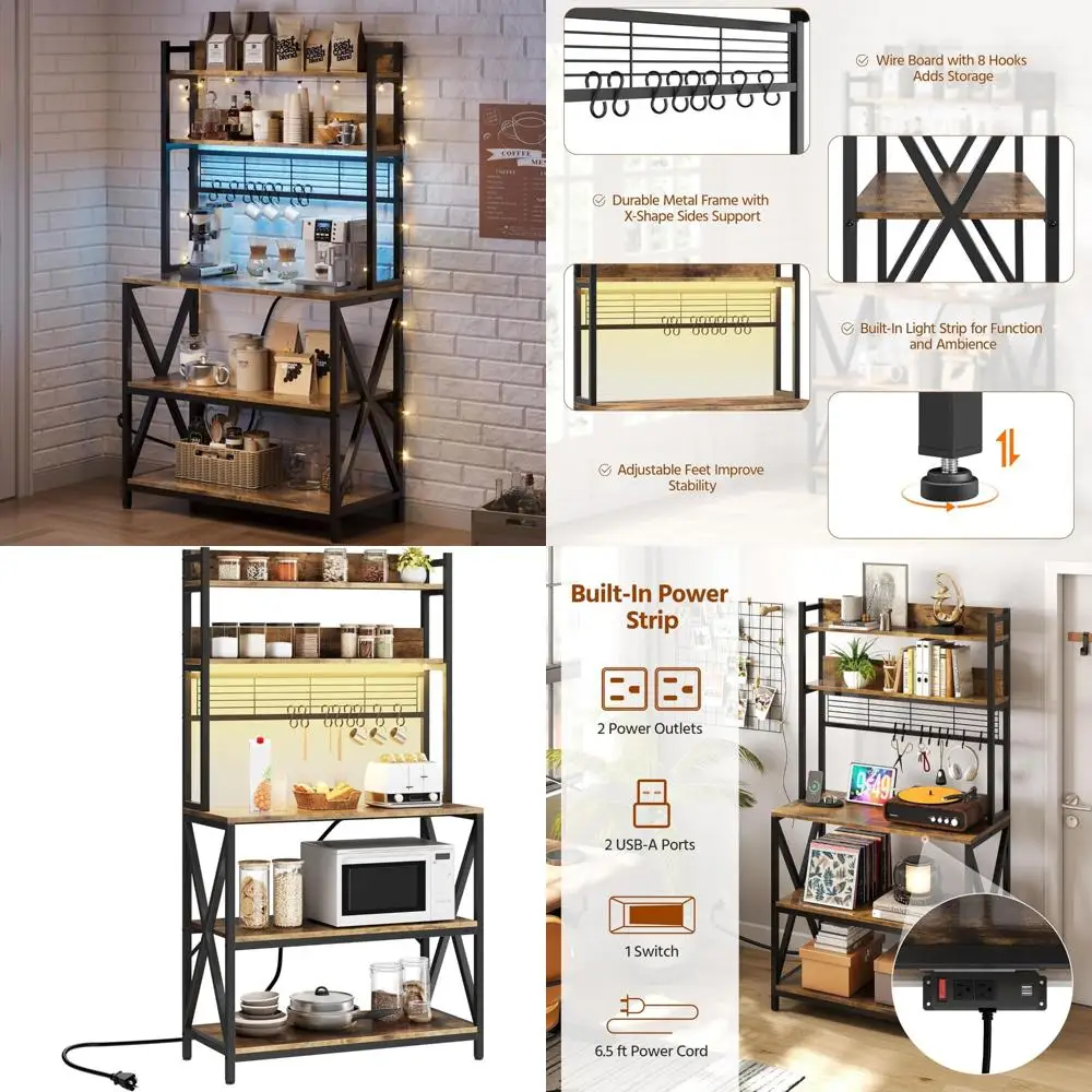 

5-Tier Kitchen Bakers Rack with Power Outlet, LED Lights, Coffee Bar Table, 8 S Hooks, 64 Tall Microwave Storage
