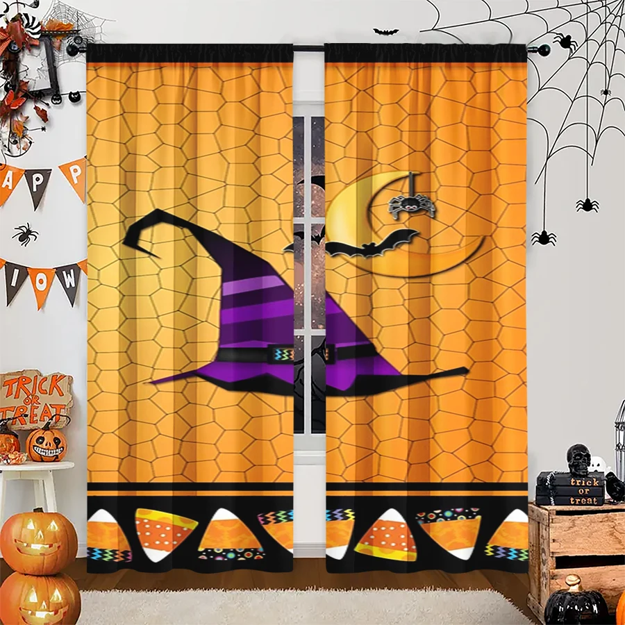 2PCS Digital Print Curtain, Witch Hat Moon Bats Cracked, Yellow Background Halloween Witchy Style for Living Room Bedroom Decor