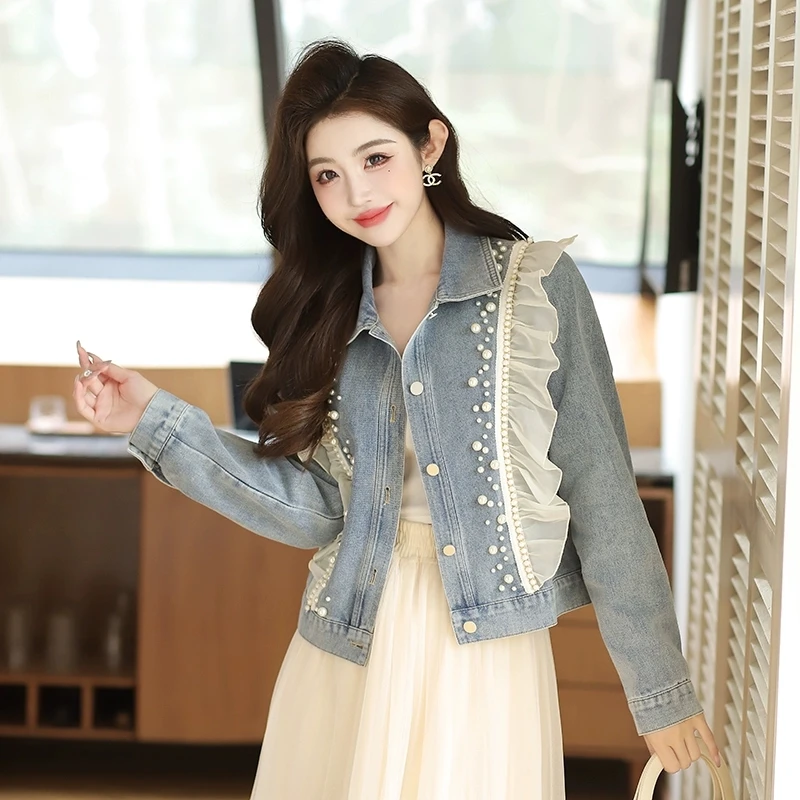 2025 New Mujer Spring Autumn Streetwear Denim Jacket Women Hand-studded Pearls Punk Tassel Veste Femme Loose Short Jeans Coats