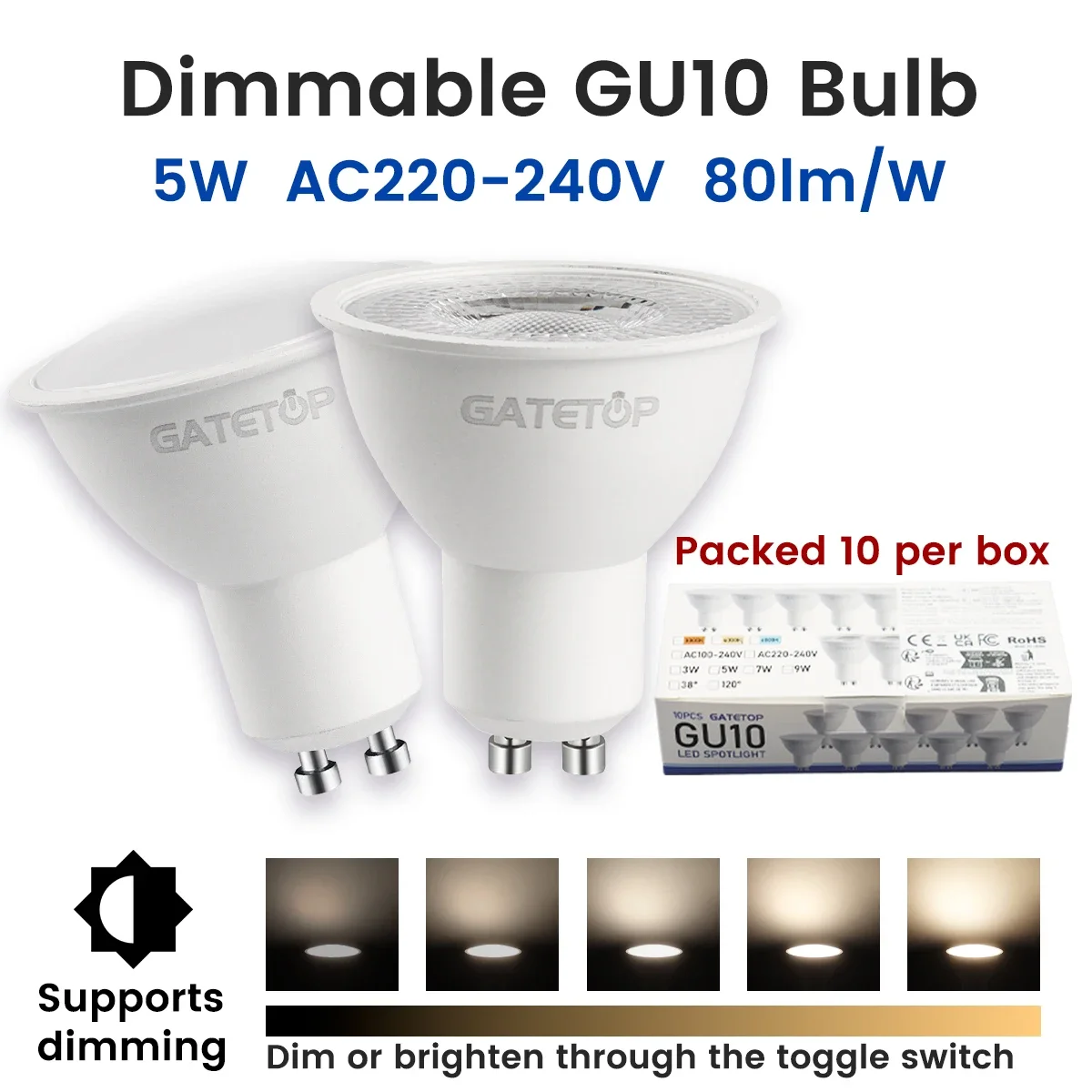 

10 шт. 5 Вт светодиодный прожектор переменного тока 220 В с регулируемой яркостью 3000k/6000k 50 мм встраиваемый точечный светильник материал ПК потолочный светильник витрина дисплей освещение