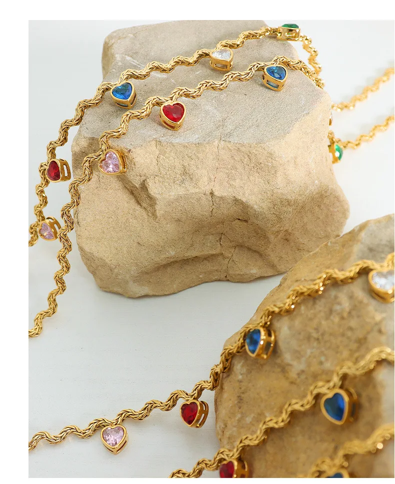Mode Bunte Zirkonia Herz Anhänger Halskette Frauen 316 Edelstahl Vergoldet Dame Wasserdicht Schmuck Zubehör Geschenk – Detail 8