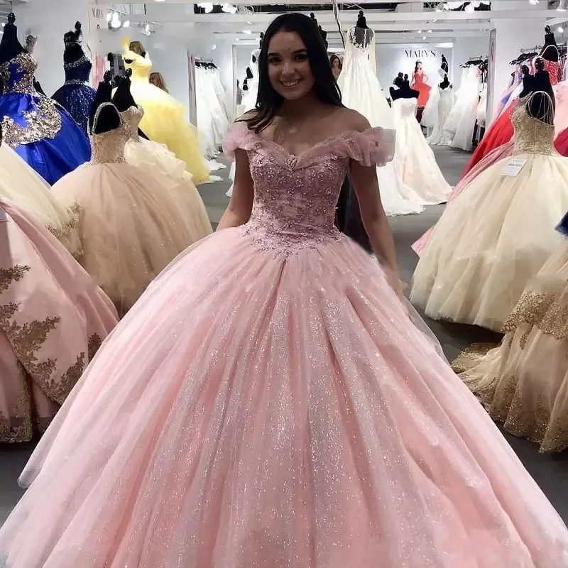 

Sweetheart Ball Gown Quinceanera Dresses For 15 Party Glitter Skirt Tulle Applique Cinderella Princess Gowns