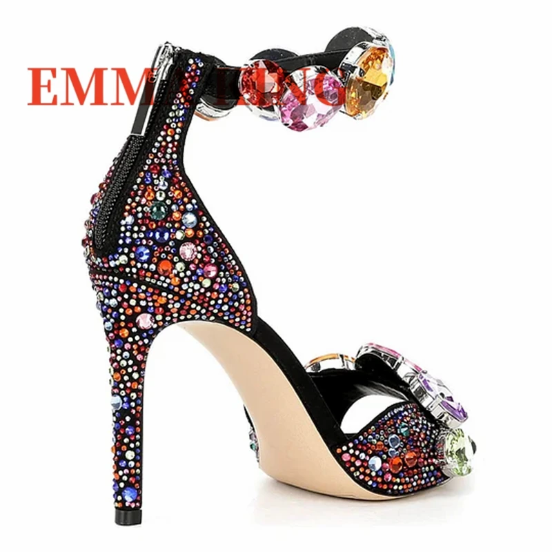 جولة تو كعب ستيليتو حجر الراين الصنادل أزياء المرأة رقيقة عالية الكعب حذاء من الكريستال تصميم فاخر النساء أحذية الحفلات المسائية #4