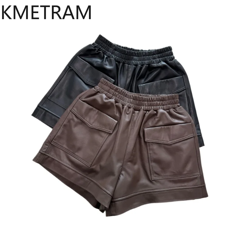 KMETRAM 여성용 100% 탑 레이어 양피 반바지 정품 가죽 미니 와이드 레그 쇼트 2025 가을 여성 의류 шорты женские