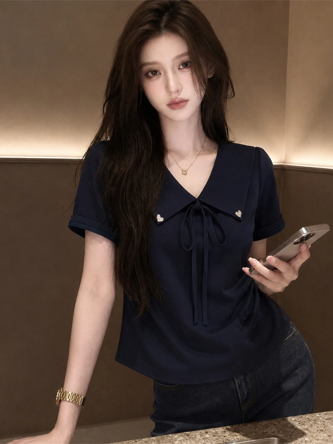 

Korean Style Commute Casual Short Sleeve Shirt Women's Fashionable Bow Tie Collar Top Versatile Summer T-Shirt for Ladies