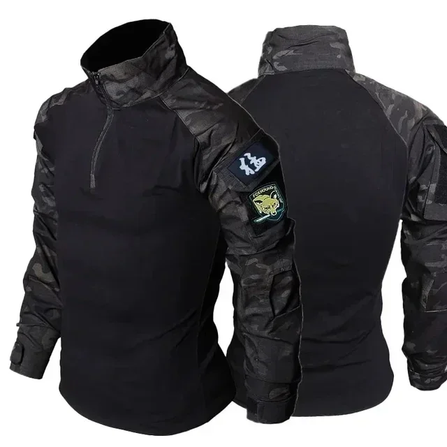 Zwarte Camo Trainingssets 1/4 Rits Combat Tops Tactische Pakken Wandelbroeken Heren Duurzame Shirts Meerdere Zakken Slijtvast - afbeelding 1