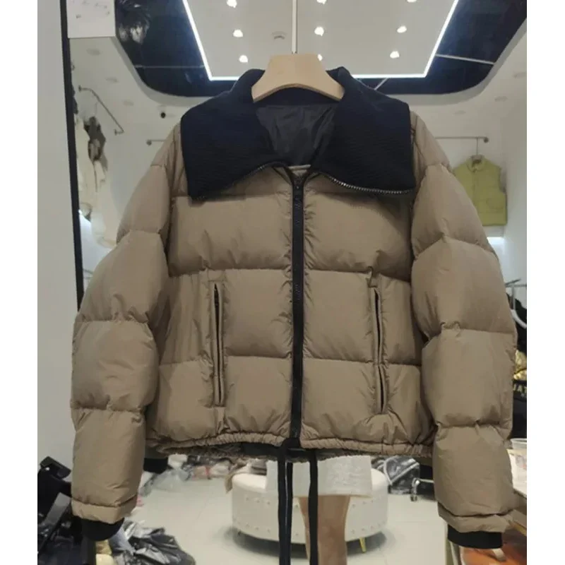 2024 New Winter Women Special Design Warm Puffer Jacket Female 90% White Duck Down Coat Slim Knitted V-Neck Casual Parka Out MN3