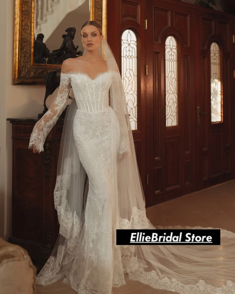 فساتين زفاف أنيقة مكشوفة الكتف مزينة بالدانتيل للنساء فساتين زفاف فاخرة مخصصة طويلة حورية البحر فيستدو دي نوفيا