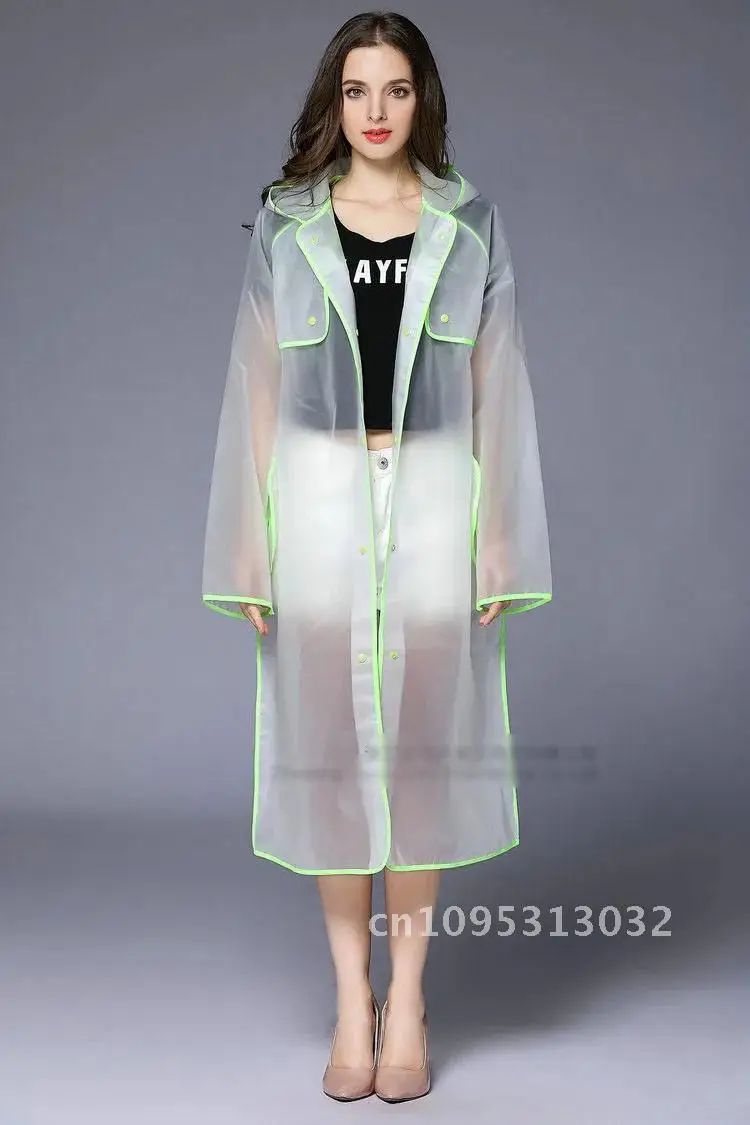 

New Fashion EVA Rain Poncho With Hat Women Adults Translucent Raincoat Coat Waterproof Ladies Long