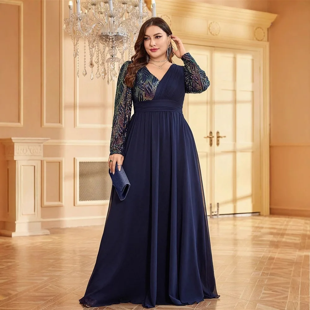 Abito da sera formale lungo in chiffon con scollo a V, paillettes colorate, maniche lunghe, vita arricciata e spacco, taglie forti, blu navy, per la madre della sposa