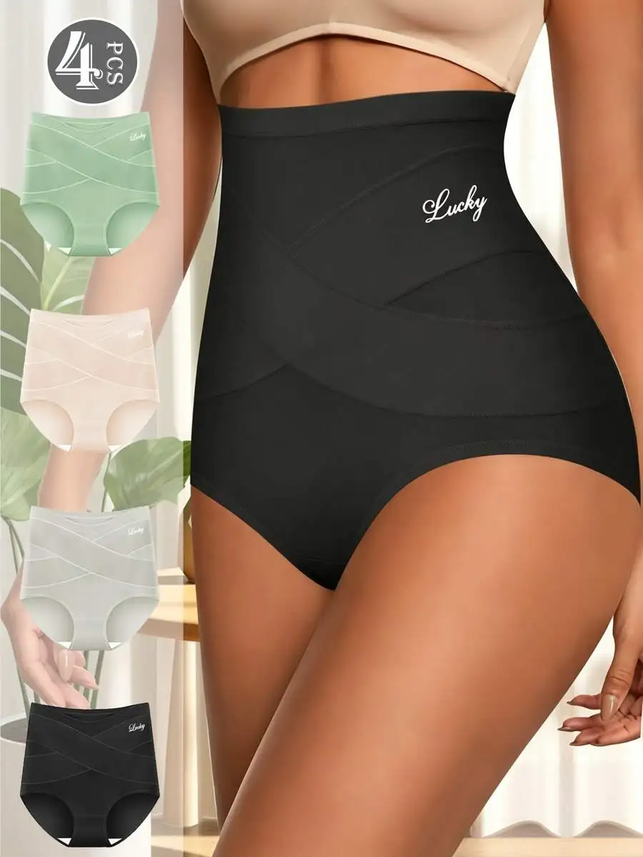 

4PCS Women High Waisted Tummy Control Panties Cross Waistband Mesh Panel Shaping Brief Soft Stretch Breathable Full Coverage
