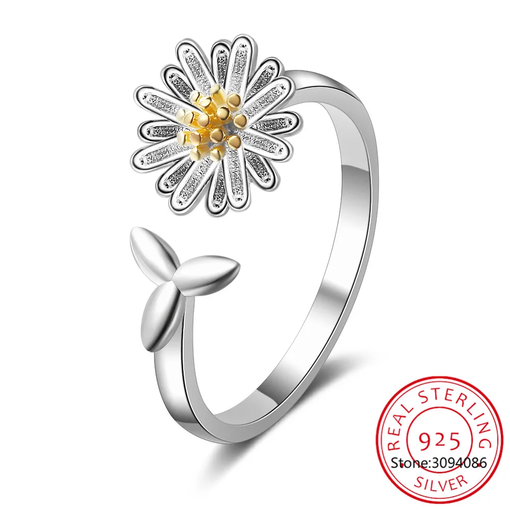 Luxury 925 Sterling Silver Summer Flower Cute Daisy Adjustable Finger Ring Anillos De Prata For Women Wedding Party Jewelry Gift