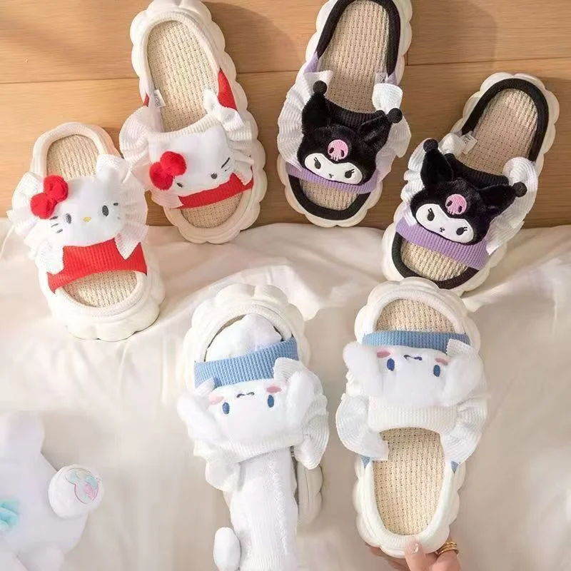 

Sanrio Hello Kitty Kids Slipper Antislip Flax Soft Comfortable Kawaii Cinnamoroll Kuromi Outdoor Indoor Slides Women Home Shoes