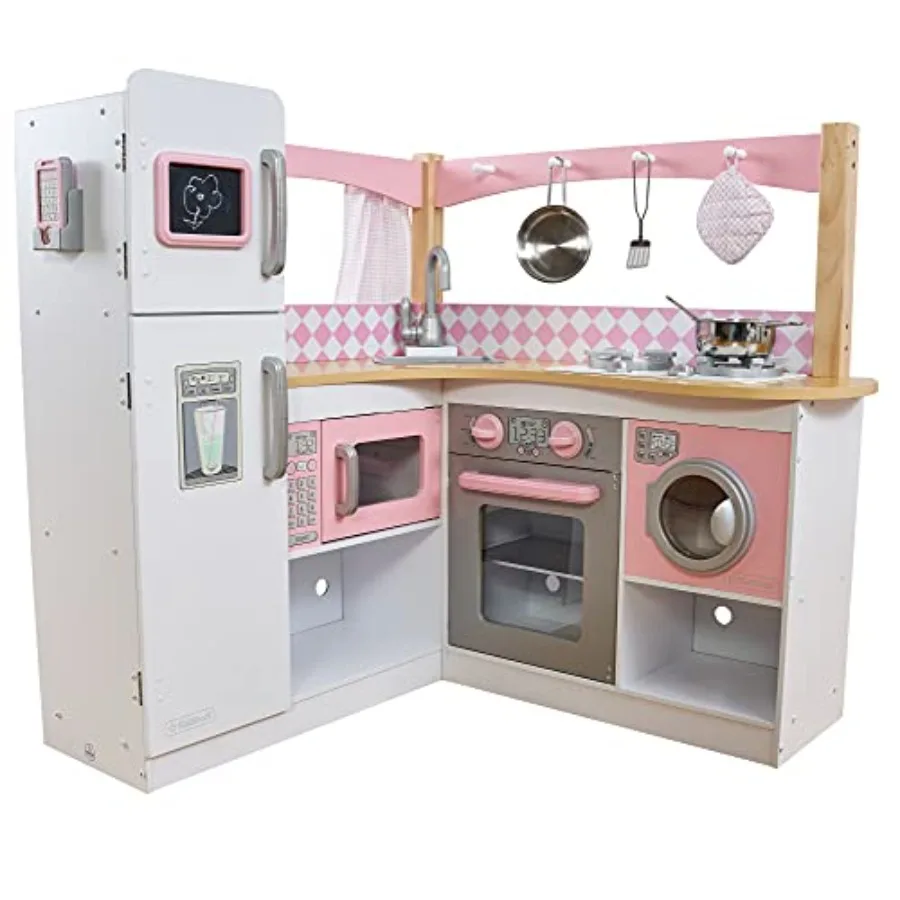 

Play kitchen for home use, wooden, white and red, includes washer, chalkboard, curtains and 4 accessories