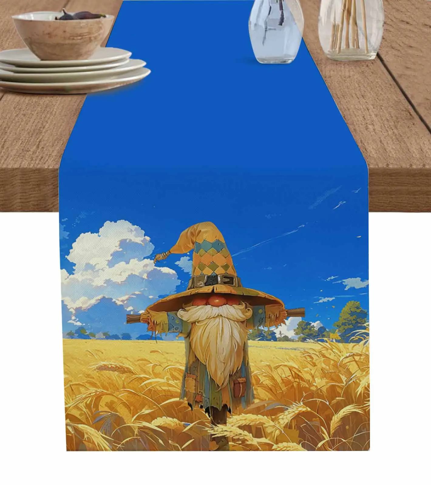 Autumn Harvest Wheat Field Dwarf Scarecrow Table Runners for Dining Room Home Decor Tablecloth 4/6 Pcs Placemats Table Cover