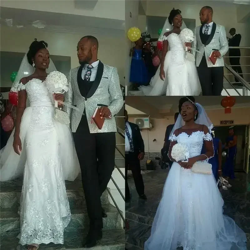 فساتين زفاف أفريقية بيضاء مثيرة مخصصة بدون أكتاف مع تنورة طويلة وأكمام طويلة مقاس كبير ملابس العروس Vestidos De N
