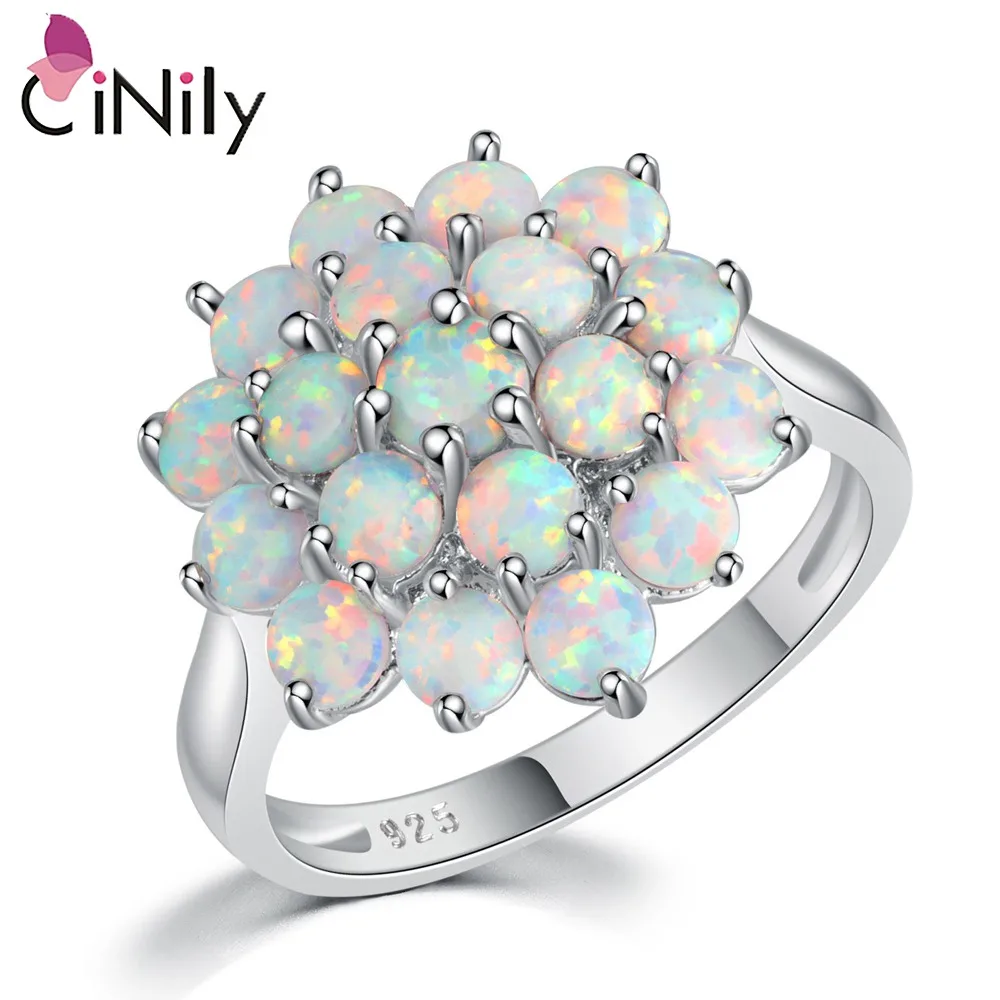 CiNily Luxury White Round Fire Opal Rings 925 Sterling Silver Flower Bloom Plant Big Ring Wedding Party Fashion Jewelry forWomen