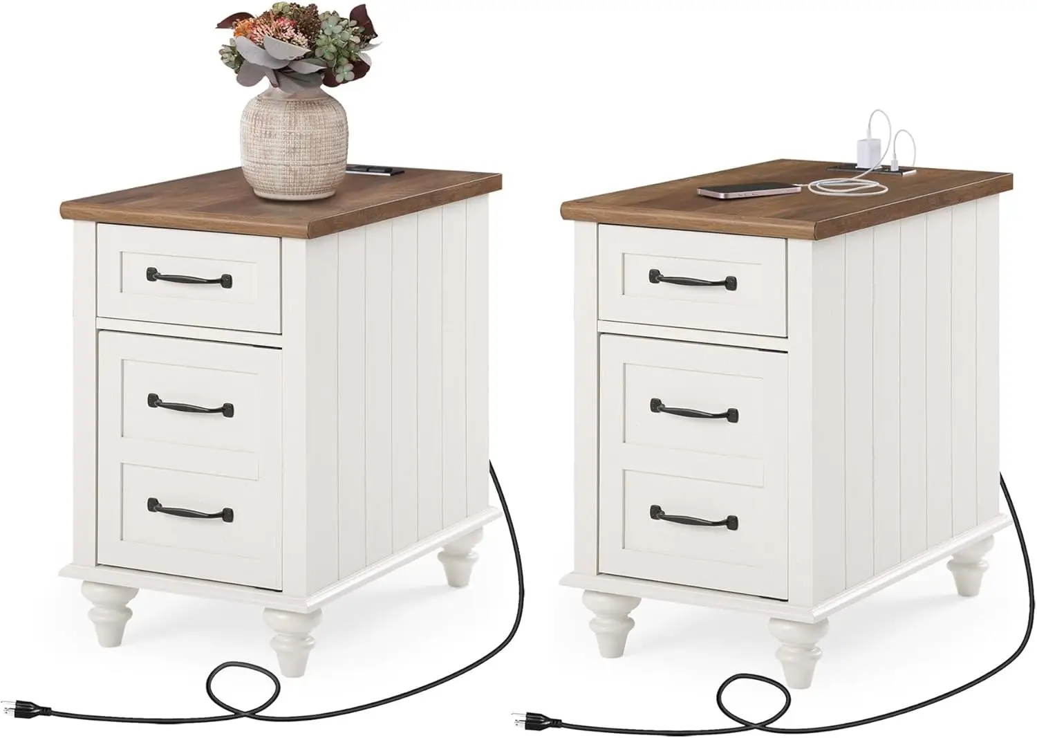 WAMPAT 2 Pack Modern End Table with Charging Station, Side Table with Storage Cabinet for Living Room, Nightstand with Drawer