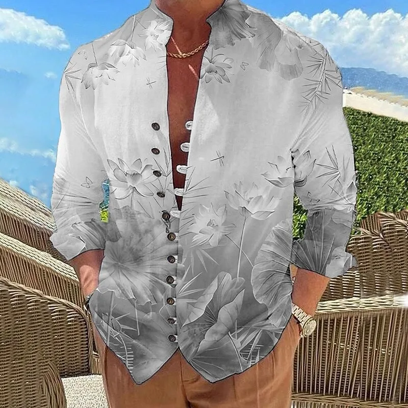 New men's 3D printed long sleeved shirt with lotus pattern, fashionable and casual button up long sleeved shirt top